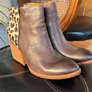 Kork-Ease Brown Leather Ankle Boots with Leopard Accent